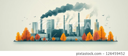 Industrial cityscape with smoking factories next to a forest at sunset 126459452