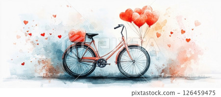 Charming watercolor bicycle with heart-shaped balloons in a romantic setting 126459475