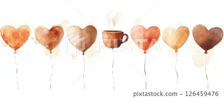 Watercolor coffee-themed artwork with heart-shaped balloons and a cup balloon Watercolor coffee-themed artwork with heart-shaped balloons and a cup balloon 126459476