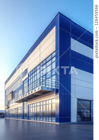 Modern industrial building with blue facade and architectural design 126459566