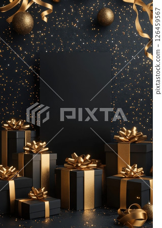 Elegant black and gold gift boxes in a celebration setting with sparkles 126459567