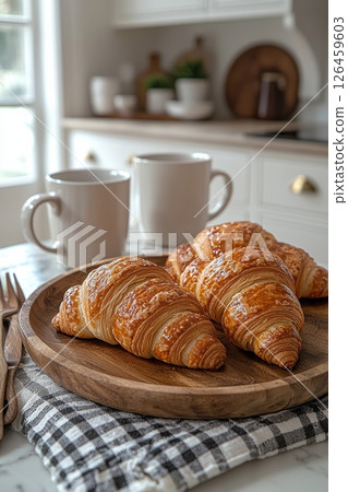 Freshly baked croissants on a wooden plate in a cozy kitchen setting 126459603