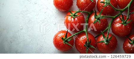 Fresh cherry tomatoes on the vine with green leaves on white background 126459729