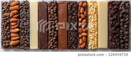 Various chocolate bar assortments with nuts and toppings on white background Various chocolate bar assortments with nuts and toppings on white background 126459739