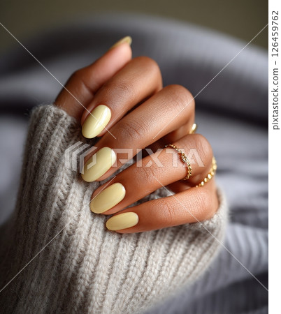 Yellow Manicure Showcases Elegance and Style With Cozy Sweater in Soft Light 126459762