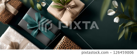 Beautifully Wrapped Gift Boxes Arranged Artistically on a Dark Background With Decorative Elements Beautifully Wrapped Gift Boxes Arranged Artistically on a Dark Background With Decorative Elements 126459806