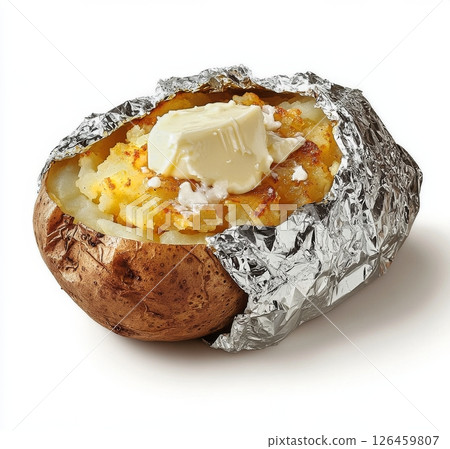 Sweet Potato Topped With Butter Wrapped in Foil Ready for Serving at a Meal Gathering 126459807