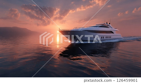 Luxury Yacht Cruising on Tranquil Waters During Stunning Sunset Over the Horizon Luxury Yacht Cruising on Tranquil Waters During Stunning Sunset Over the Horizon 126459901