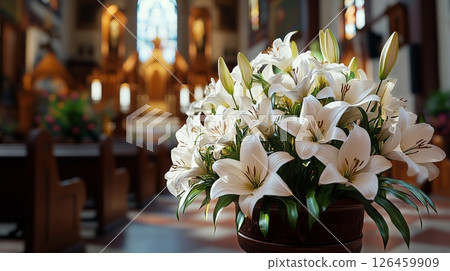 Flowers Adorn a Tranquil Church Interior for a Memorial Service in Soft Afternoon Light 126459909
