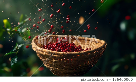 Coffee Beans Falling Into a Woven Basket in a Warm and Inviting Setting 126460060