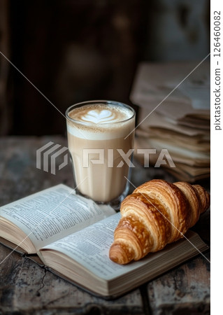 Enjoying Coffee and a Croissant While Reading a Book by the Window in a Cozy Cafe 126460082