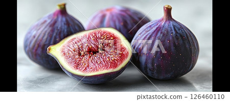 Fresh and ripe figs cut open to reveal their vibrant interiors 126460110