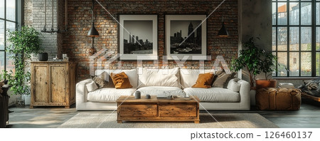 Modern living room with cozy sofa and industrial design decor elements 126460137