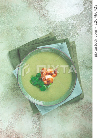 pea cream soup, with shrimp, green soup, homemade, top view, no people, 126460425