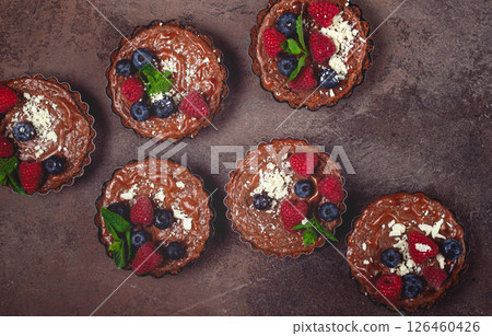 chocolate tartlets, stuffed with cottage cheese and berries, breakfast, homemade, no people, chocolate tartlets, stuffed with cottage cheese and berries, breakfast, homemade, no people, 126460426