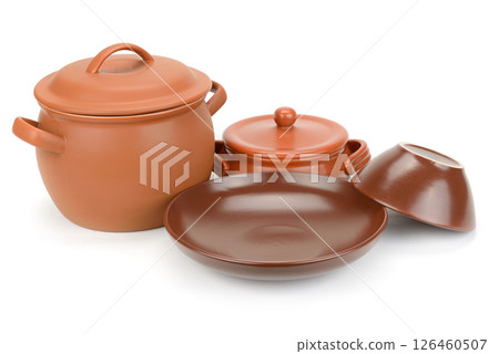 Set of beautiful clay dishes isolated on white Set of beautiful clay dishes isolated on white 126460507