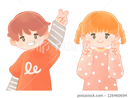 孩子做出和平手勢：男孩和女孩 126460694