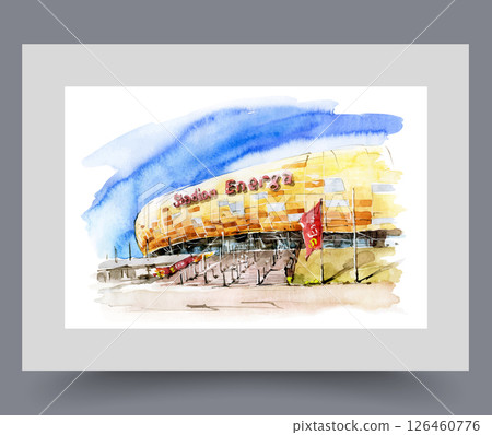 Sports stadium for football competition in Polish city of Gdansk on wall art. Watercolor artwork Sports stadium for football competition in Polish city of Gdansk on wall art. Watercolor artwork 126460776