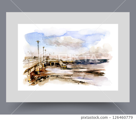 Car bridge with lanterns passes over city river, under blue sky on wall art. Watercolor artwork Car bridge with lanterns passes over city river, under blue sky on wall art. Watercolor artwork 126460779
