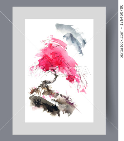 Japanese sakura tree grows on rock creating beautiful landscape on wall art. Watercolor artwork 126460780