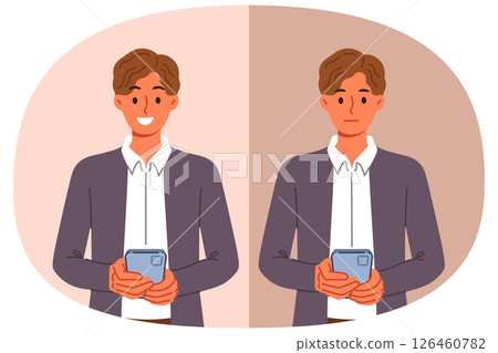 Business man with mobile phone feels happy or sad after using application or receiving message 126460782