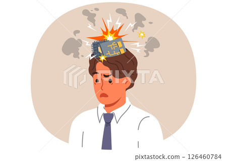 Man robot with exploding computer boards in head due to overload with work tasks 126460784