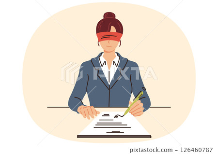 Business woman signs contract without looking, because of complete trust in partner. Business woman signs contract without looking, because of complete trust in partner. 126460787