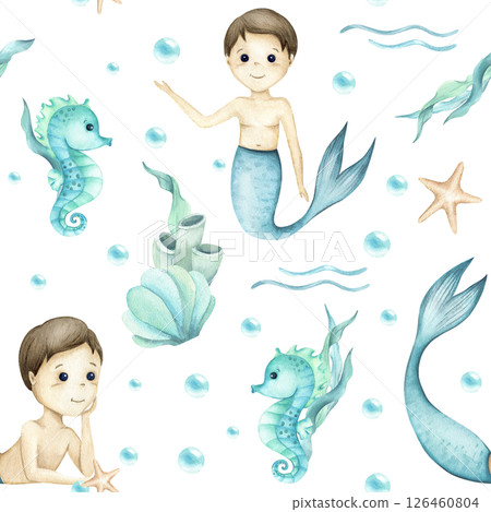 Mermaid boys, seahorse character children illustration seamless pattern. Watercolor sea plants, bubbles, waves and stars isolated from background. Kids design for textile, packaging, stationary Mermaid boys, seahorse character children illustration seamless pattern. Watercolor sea plants, bubbles, waves and stars isolated from background. Kids design for textile, packaging, stationary 126460804