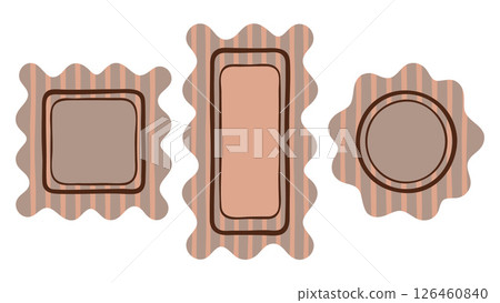 Frame, doodle wave edge border Set. Hand drawn paint brush wavy line stroke, beige coffee colour background. Square, circle rectangle geometric shape poster. Text copy space. vector illustration 126460840