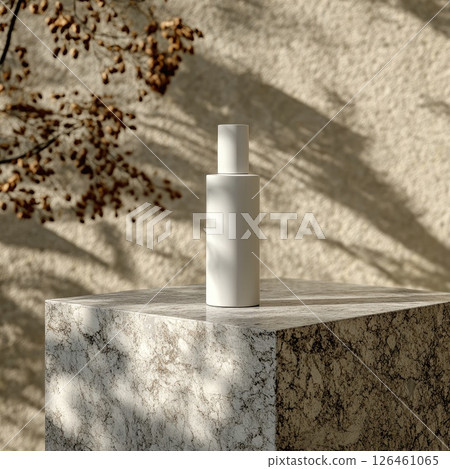 An elegant lotion bottle mockup on polished granite, featuring a minimalistic design and gentle natural lighting. The sleek, refreshing vibe enhances the modern skincare aesthetic. 126461065