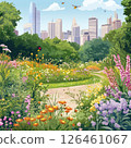 Illustration of a city park with native plants and pollinator-friendly flowers in labeled sections. A lively, educational scene showcasing biodiversity and environmental awareness. 126461067