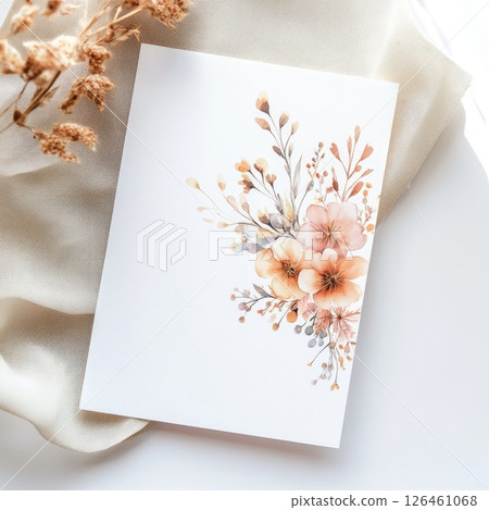 A high-resolution invitation card mockup featuring a watercolor floral design on a plain white background. Soft pastel colors create an elegant and cheerful feel, ideal for events. 126461068