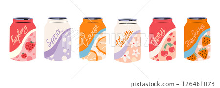 Hand drawn illustration set of various soft drinks. Cold canned soda. Hand drawn illustration set of various soft drinks. Cold canned soda. 126461073