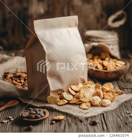 A photography mockup of an empty clean bag with snacks resting on a rustic wooden surface. The high-detail image features bold colors and soft natural lighting, creating a cozy 126461074