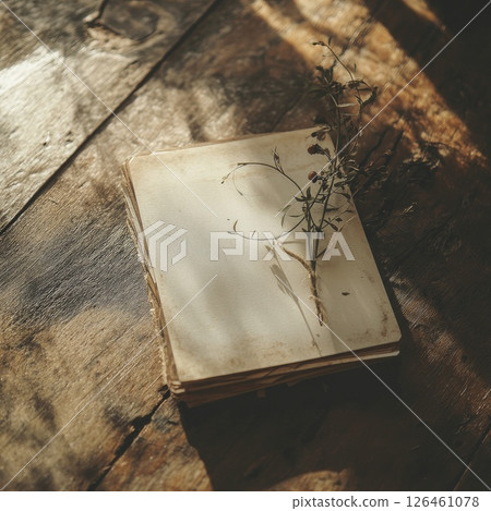 A beautiful invitation card mockup held over a rustic wooden table. Natural light and soft shadows create warm tones, giving an intimate and charming atmosphere perfect for events. 126461078