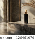 An elegant lotion bottle mockup on polished granite, featuring a minimalistic design and gentle natural lighting. The sleek, refreshing vibe enhances the modern skincare aesthetic. 126461079