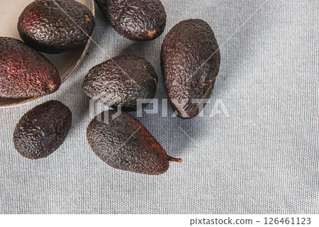 The Hass avocado on the background of textile, top view. flatlay 126461123