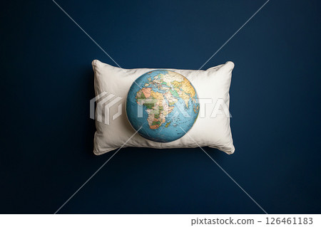 world sleep day, globe on a sleeping pillow on blue background, top view 126461183
