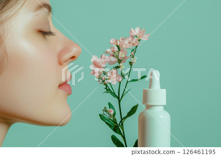 allergy concept, flowering, woman sniffing flowers, green background, medical drops 126461195