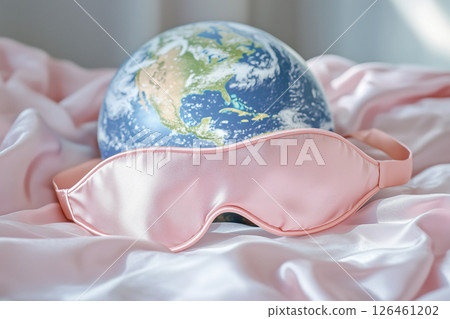 globe and sleep mask on bed, world sleep day 126461202