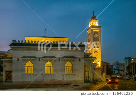 Awesome  view on Mosque in Abu Dhabi  -  yellow elecrtric lights and blue sky of dusk Awesome  view on Mosque in Abu Dhabi  -  yellow elecrtric lights and blue sky of dusk 126461220