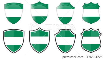 Vertical Nigeria flag in shield shape, four 3d and simple versions. Nigerian icon / sign 126461225