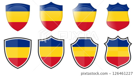 Vertical Romania flag in shield shape, four 3d and simple versions. Romanian icon / sign Vertical Romania flag in shield shape, four 3d and simple versions. Romanian icon / sign 126461227
