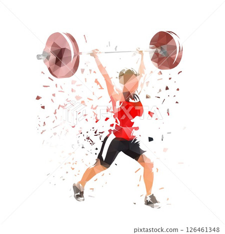 Weightlifting, woman lifting big barbell, isolated low polygonal vector illustration Weightlifting, woman lifting big barbell, isolated low polygonal vector illustration 126461348
