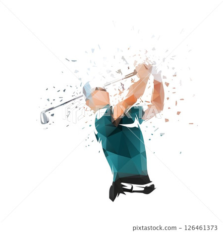 Golf player, golf club logo, distorted isolated vector silhouette, front view 126461373