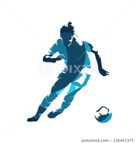 Soccer, female football player running with ball, abstract blue isolated vector silhouette Soccer, female football player running with ball, abstract blue isolated vector silhouette 126461375