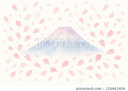 Spring cherry blossoms in the air - watercolor illustration of Mt. Fuji 126461404
