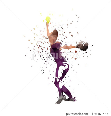 Female softball player, woman playing softball, team sport athlete, isolated low polygonal vector illustration with dispersion effect 126461483