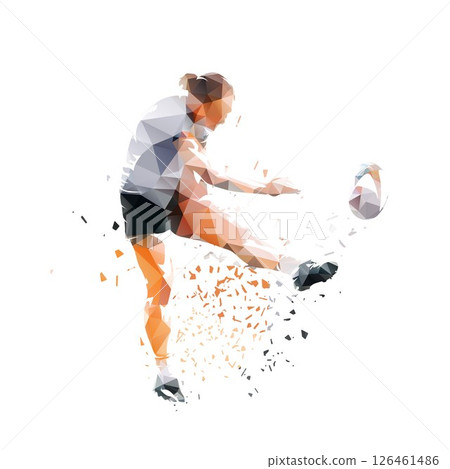 Rugby player, woman playing rugby and kicking ball, distorted low poly isolated vector illustration. Team sports clipart Rugby player, woman playing rugby and kicking ball, distorted low poly isolated vector illustration. Team sports clipart 126461486