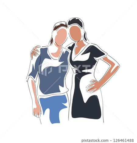 Vector illustration of two adult women standing side by side, embracing and looking forward. Represents friendship, closeness, and emotional support between women. Modern and clean design Vector illustration of two adult women standing side by side, embracing and looking forward. Represents friendship, closeness, and emotional support between women. Modern and clean design 126461488